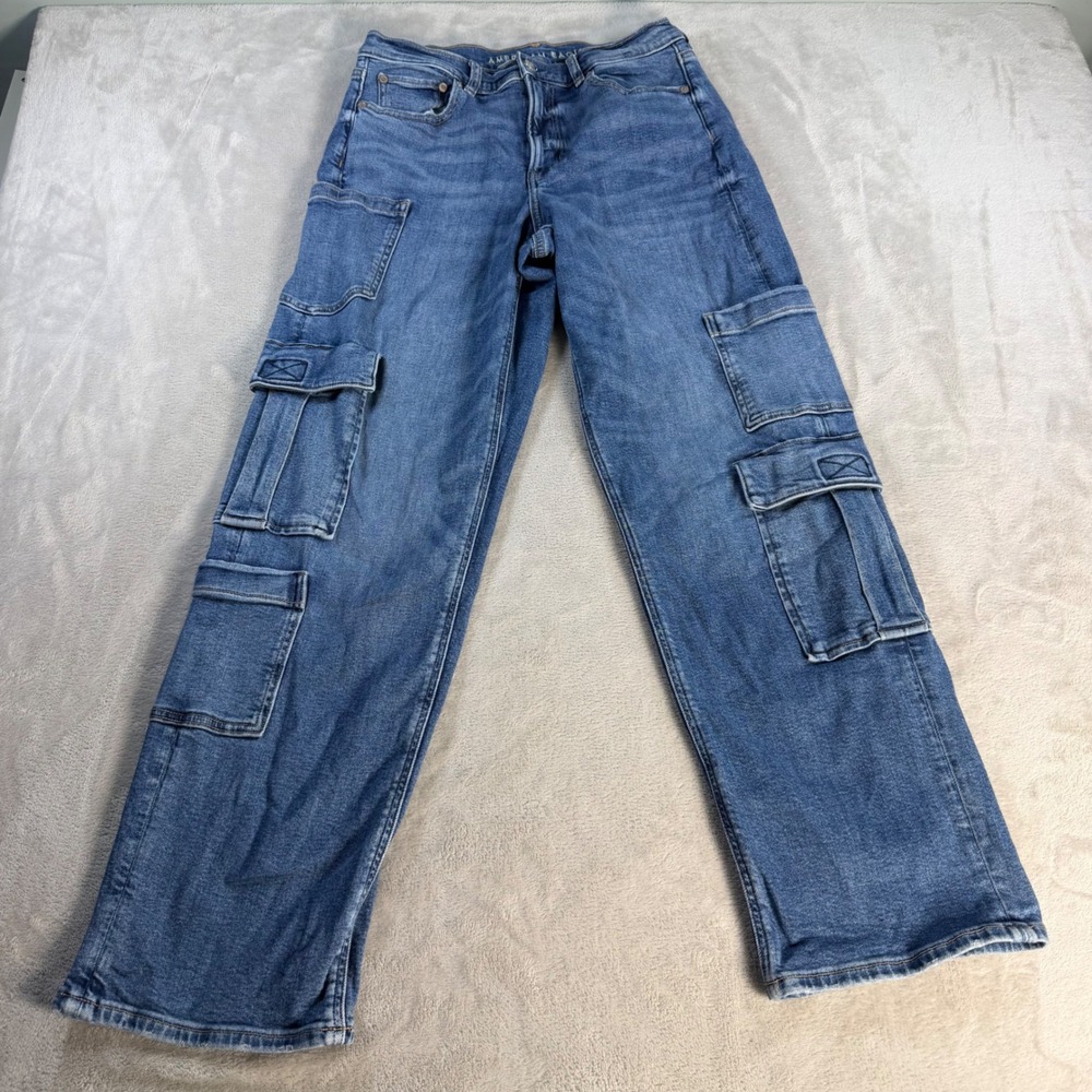 American Eagle Cargo Jeans Wide Leg Womens 8 Blue Stretch Cotton Denim Utility